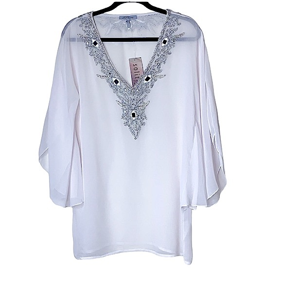 Anthropologie Beaded Sheer Dolman Sparkly Chiffon Coverup Top White Silver M - Picture 15 of 15